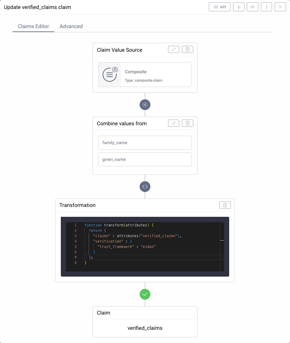 Overview of the claims editor to configure the composite claim for verified claims