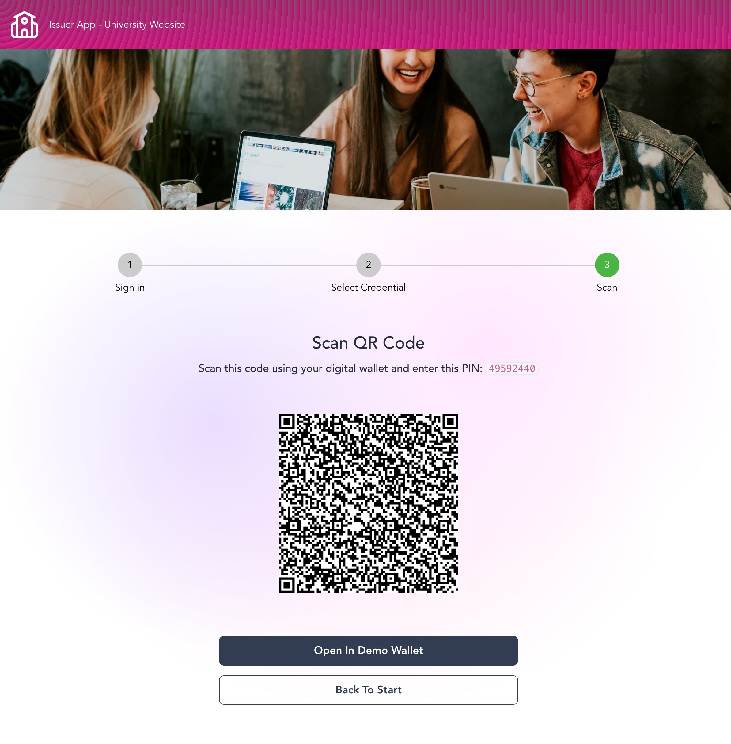 PIN and QR code to download credential