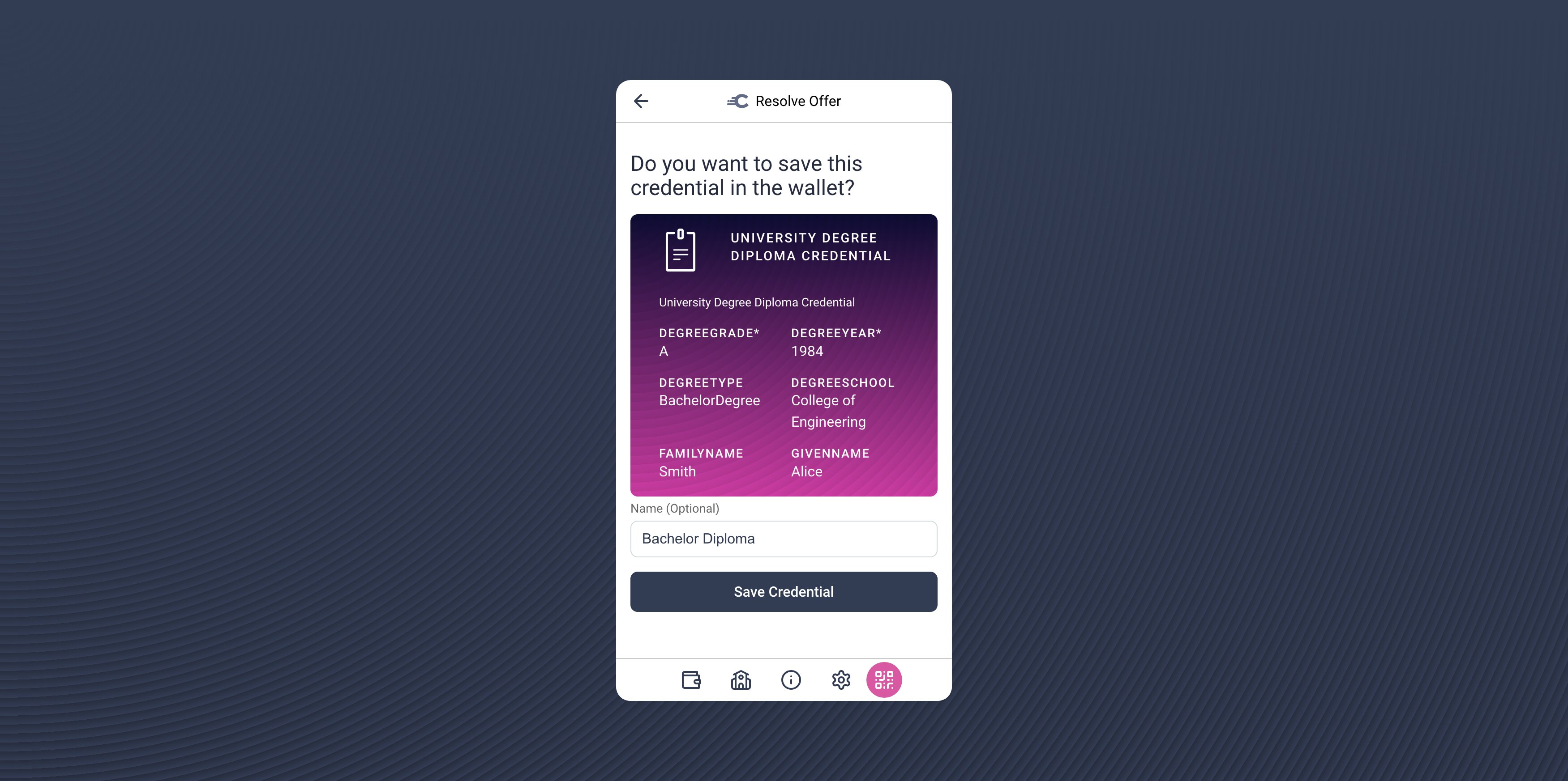 Store credential screen with name input field