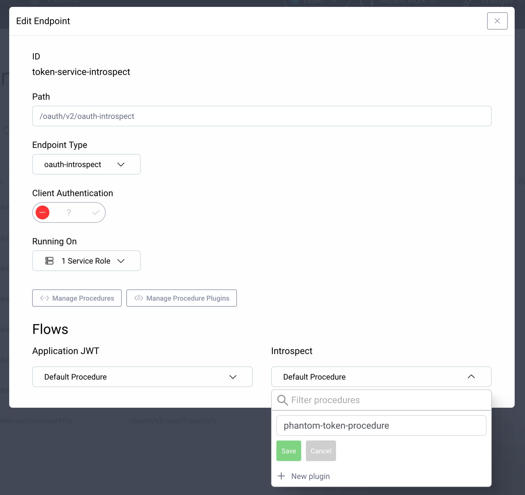 Endpoint edit form with new token procedure being added to the introspect flow