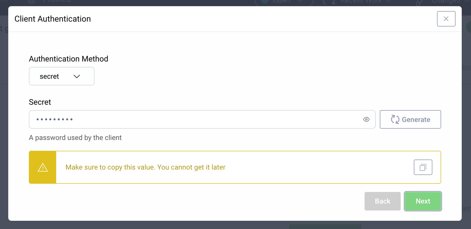 Form for setting client authentication with configured client secret
