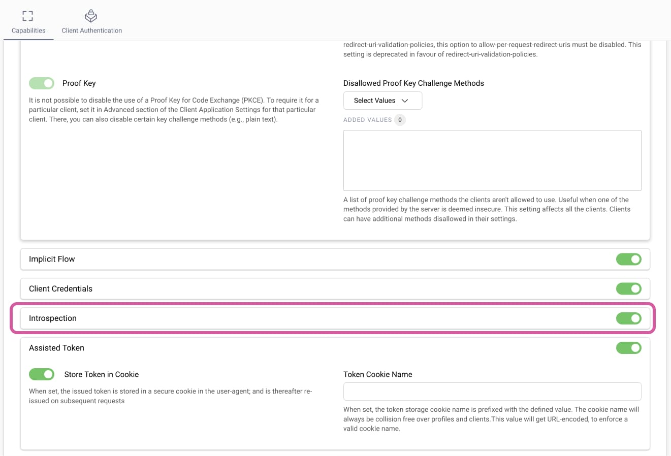 List of a token service capabilities with the introspection capability enabled
