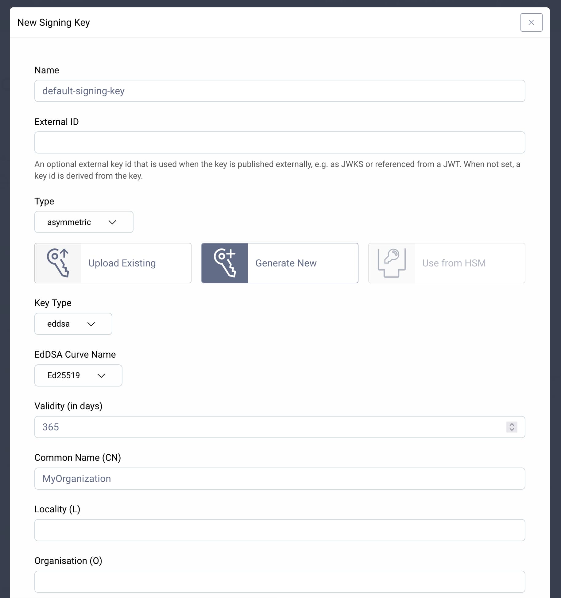 Filled-in form for creating a new EdDSA signing key