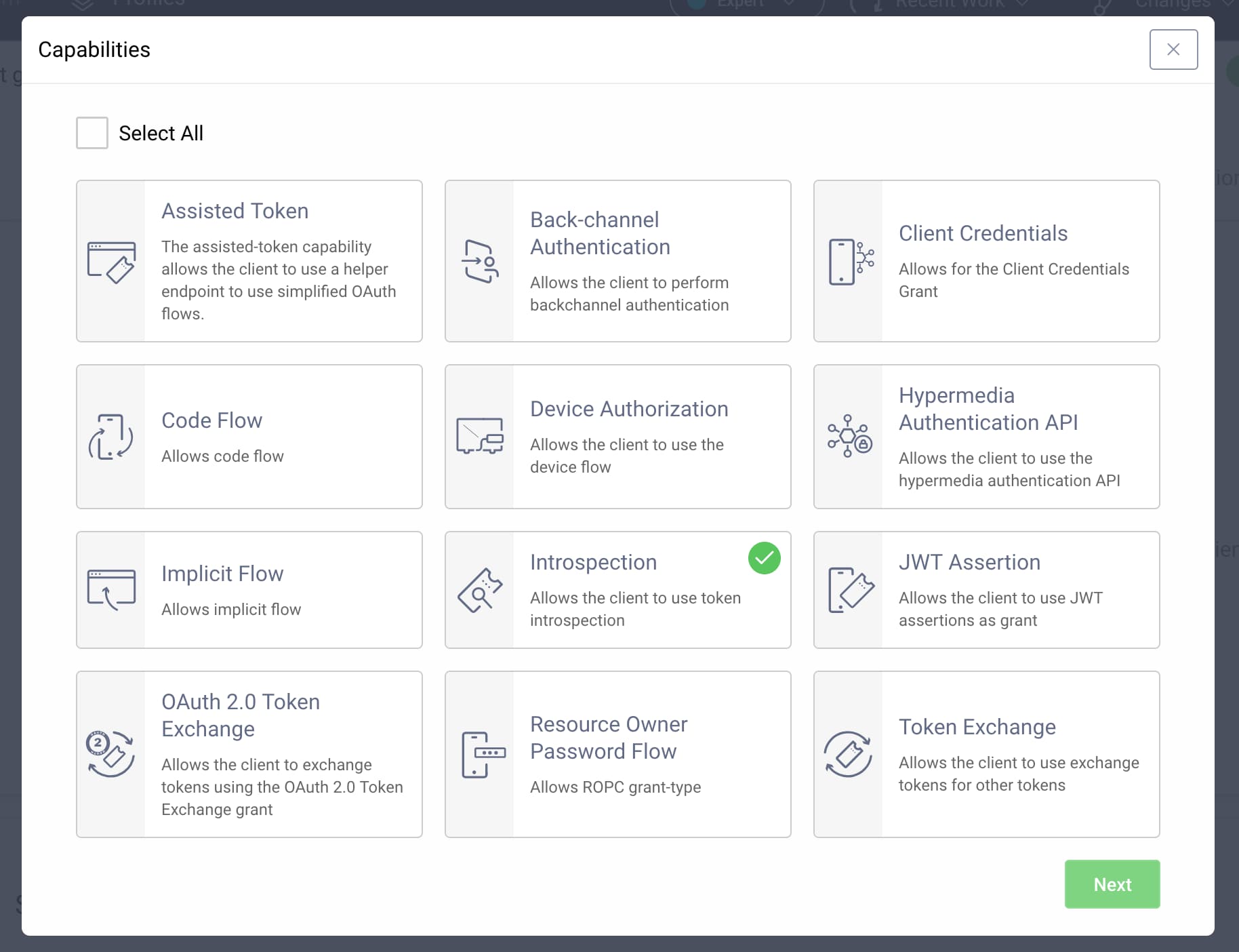 Form showing available client capabilities with introspection selected