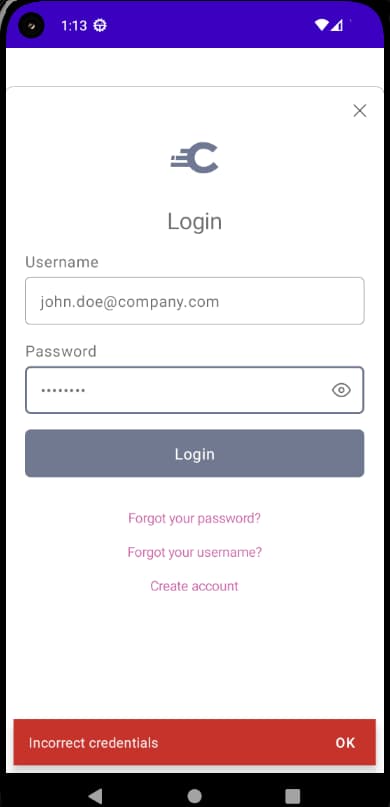 Incorrect Credentials Android