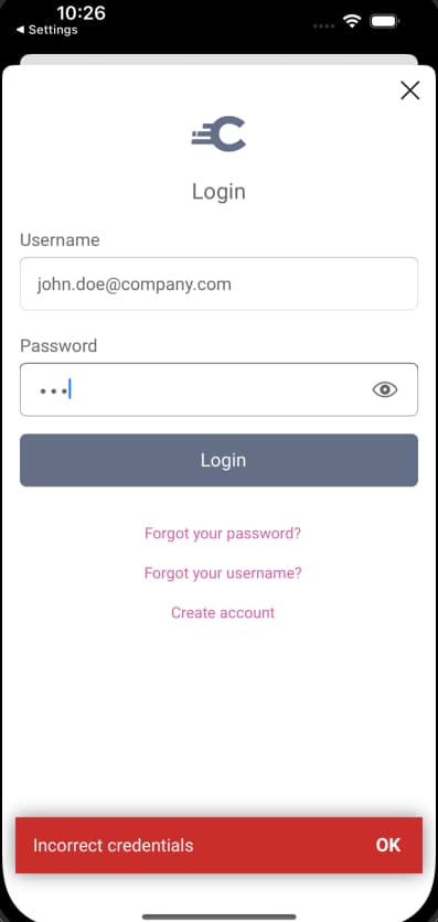 Incorrect Credentials iOS